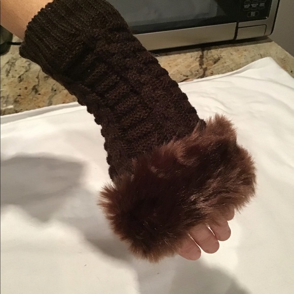 Accessories - BROWN WOOL FINGERLESS MITTENS WITH FAUX FUR TRIM